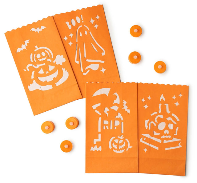 These bags come in four different designs. First design has two smiling jack-o-lanterns and two bats flying above. The second design has a cute ghost with little shimmers around it and it reads "BOO!" The third design has a moon, a bat, a tombstone that reads "RIP" and there's a jack-o-lantern. The fourth design has a skull with a candle in it on top of a book with shimmers around it.