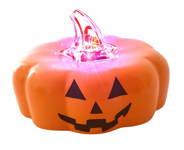 Orange pumpkin decoration measuring 3 inches wide and 2 inches tall. The stem is clear and lights up different colors when the switch is turned on. The pumpkin has a smiling jack-o-lantern face.