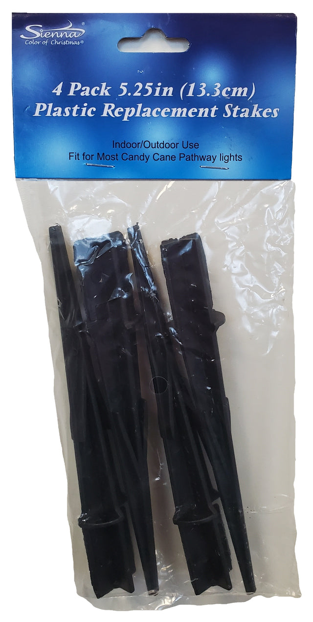 This image shows the packaging that these stakes come in. It reads "Sienna Color of Christmas. 4 Pack. 5.25 in. (13.3 cm). Plastic replacement stakes. Indoor/Outdoor use. Fit for most Candy Cane Pathway Lights."