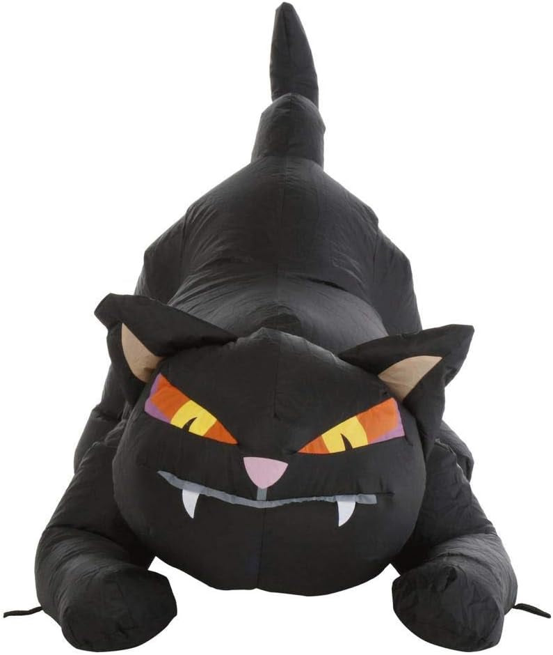 Halloween inflatable shaped like a black cat ready to pounce.