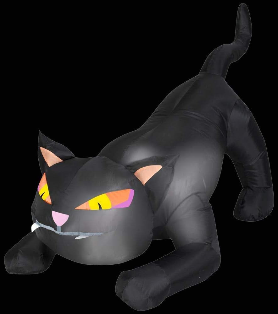 Halloween inflatable shaped like a black cat ready to pounce.