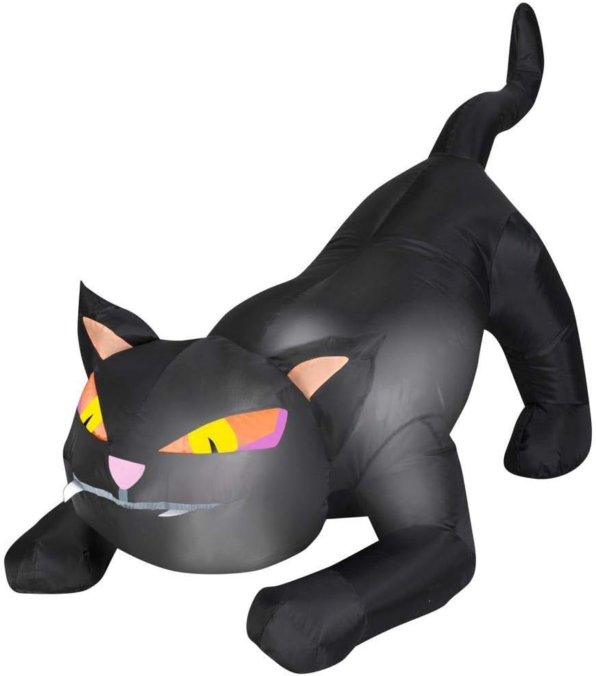 Halloween inflatable shaped like a black cat ready to pounce.