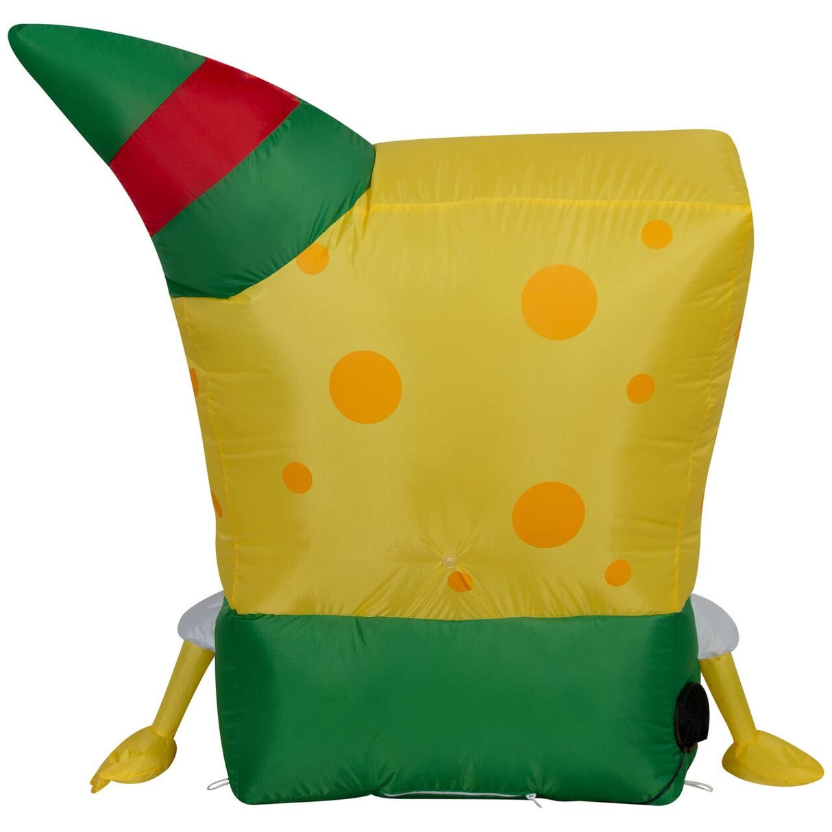 Christmas inflatable shaped like the cartoon character SpongeBob SquarePants dressed as an elf for Christmas.