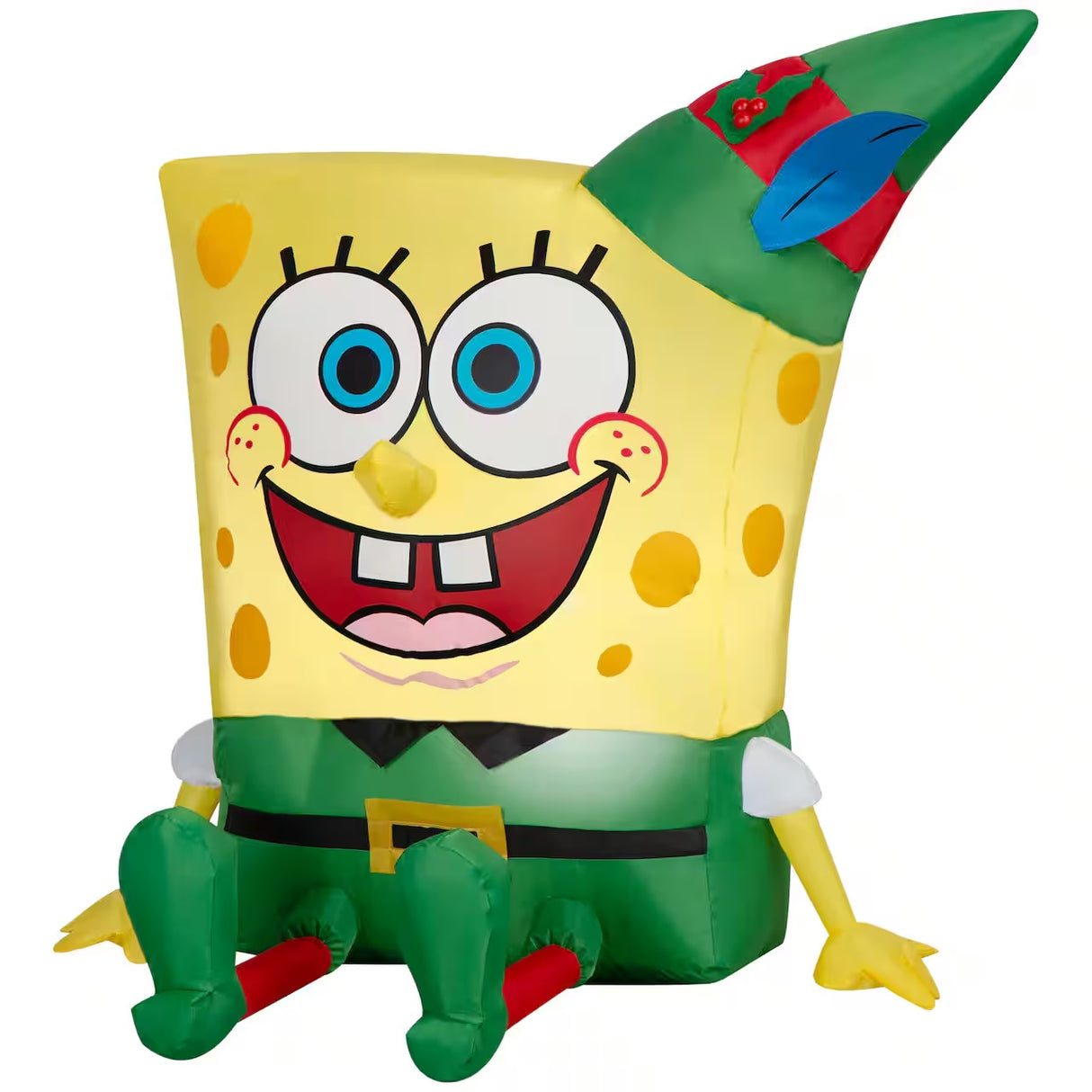 Christmas inflatable shaped like the cartoon character SpongeBob SquarePants dressed as an elf for Christmas.