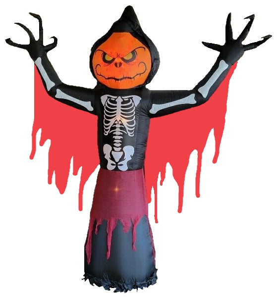 Halloween inflatable. The head is a spooky jack-o-lantern, the body is a skeleton and it's wearing a black robe with red dangling off of it. It lights up from the inside.