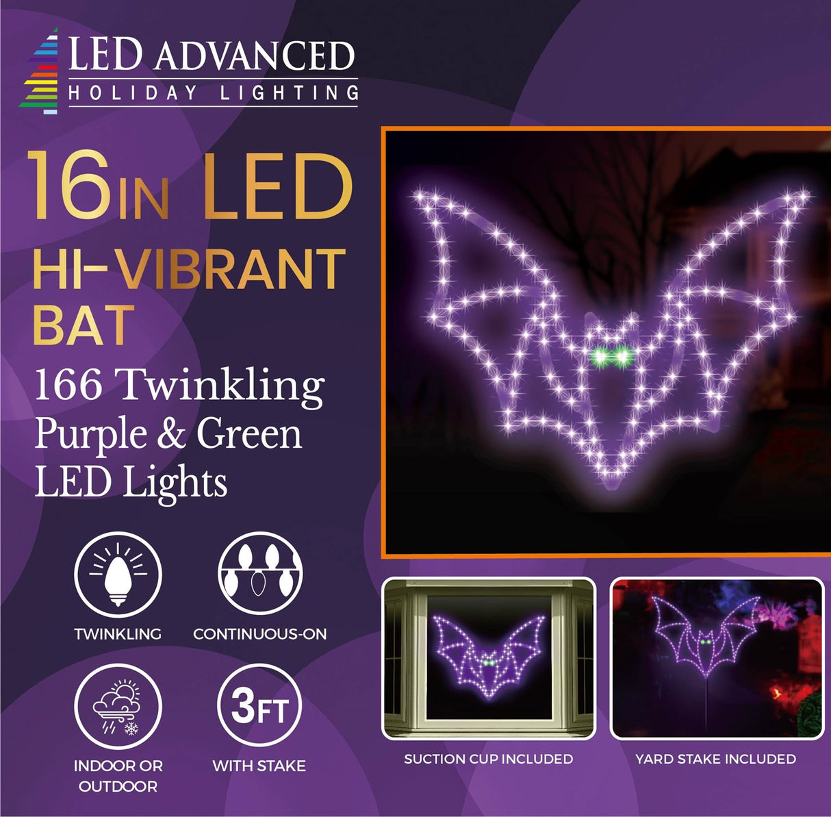 LED decoration shaped like a purple bat with bright, green eyes.