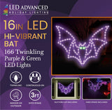 LED decoration shaped like a purple bat with bright, green eyes.
