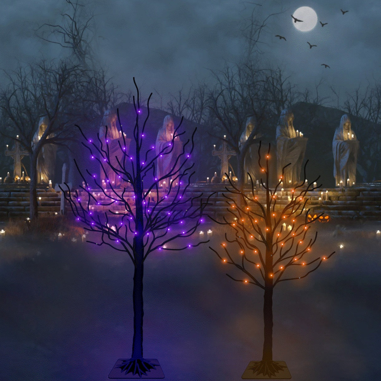LED decorations for Halloween. One is a 4 ft. black wire tree with orange lights. The other is a 5 ft. black wire tree with purple lights.