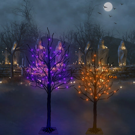 LED decorations for Halloween. One is a 4 ft. black wire tree with orange lights. The other is a 5 ft. black wire tree with purple lights.
