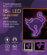 LED decoration shaped like a purple cat with bright, green eyes.