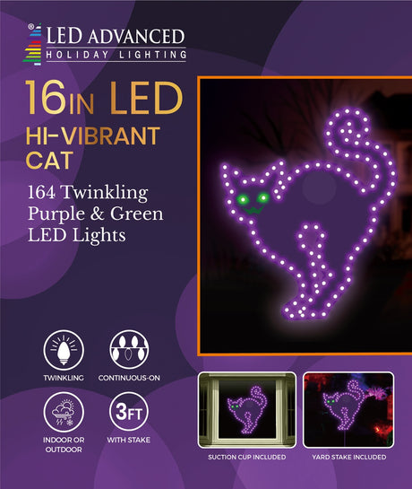 LED decoration shaped like a purple cat with bright, green eyes.