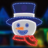 Outdoor LED decoration shaped like a Snowman head. He's wearing a blue top hat, has a blue eyes and a blue mouth, an orange carrot nose and a red scarf. The mouth and eyes move.