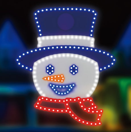 Outdoor LED decoration shaped like a Snowman head. He's wearing a blue top hat, has a blue eyes and a blue mouth, an orange carrot nose and a red scarf. The mouth and eyes move.