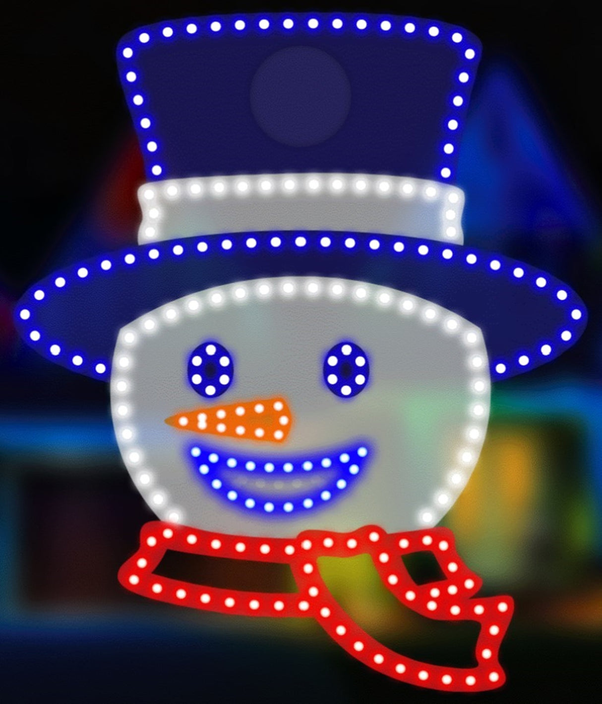 Outdoor LED decoration shaped like a Snowman head. He's wearing a blue top hat, has a blue eyes and a blue mouth, an orange carrot nose and a red scarf. The mouth and eyes move.