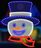 Outdoor LED decoration shaped like a Snowman head. He's wearing a blue top hat, has a blue eyes and a blue mouth, an orange carrot nose and a red scarf. The mouth and eyes move.