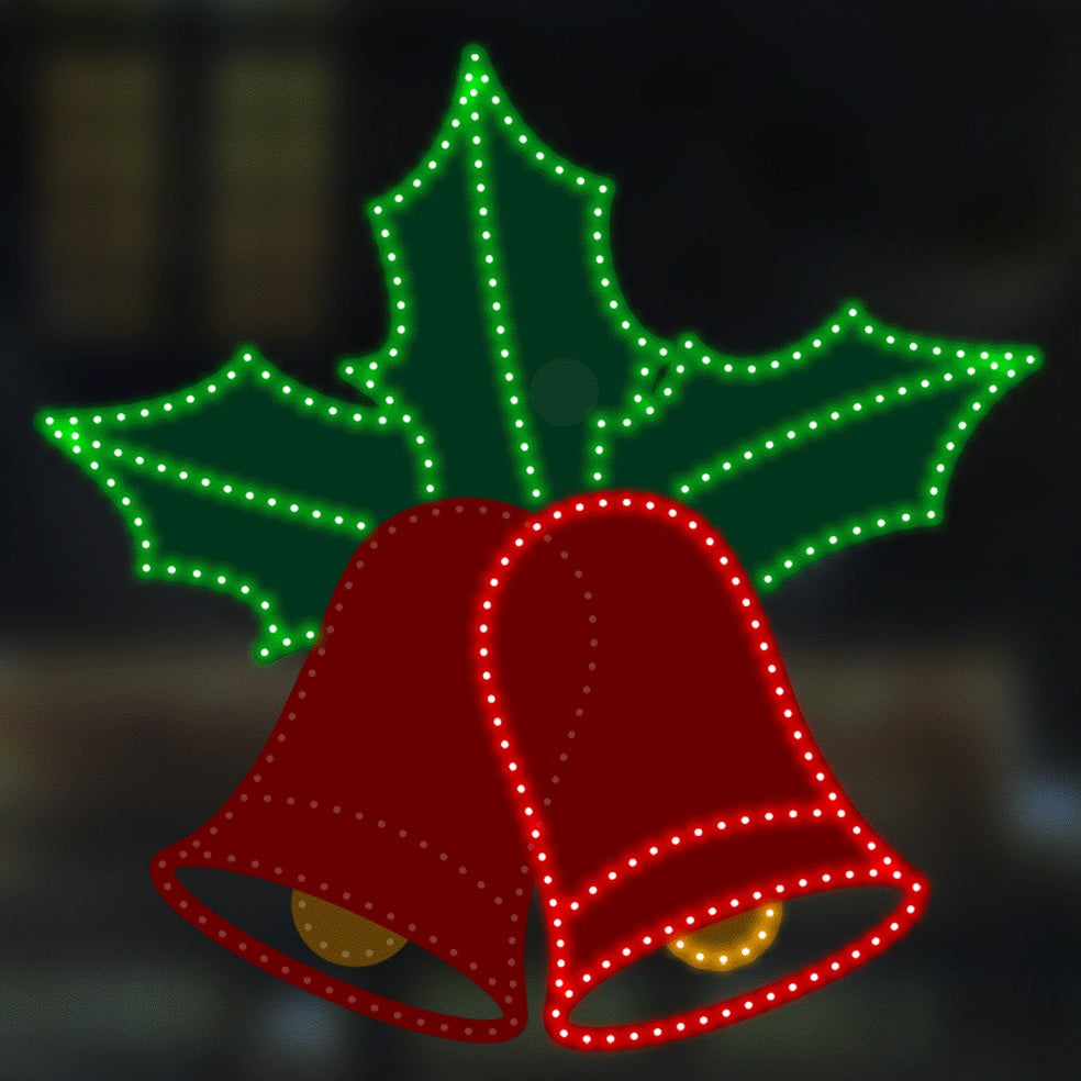 LED Christmas decoration pre-lit with green, red and yellow. Wire is shaped like two bells with holly leaves behind them.
