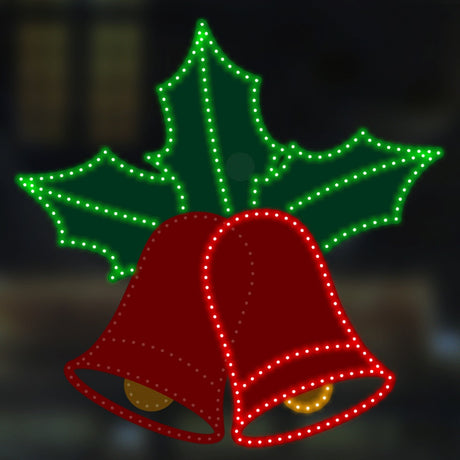 LED Christmas decoration pre-lit with green, red and yellow. Wire is shaped like two bells with holly leaves behind them.