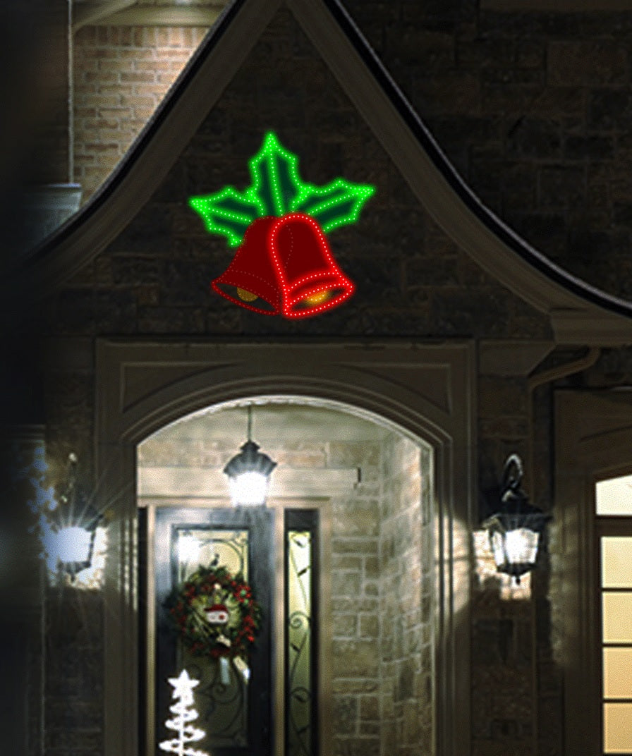 LED Christmas decoration pre-lit with green, red and yellow. Wire is shaped like two bells with holly leaves behind them.