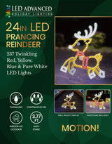 Outdoor LED decoration shaped like a reindeer. The lights make it look like it's prancing