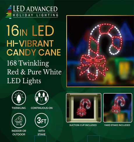 16" Hi-Vibrant LED Candy Cane with Bow Christmas Decoration