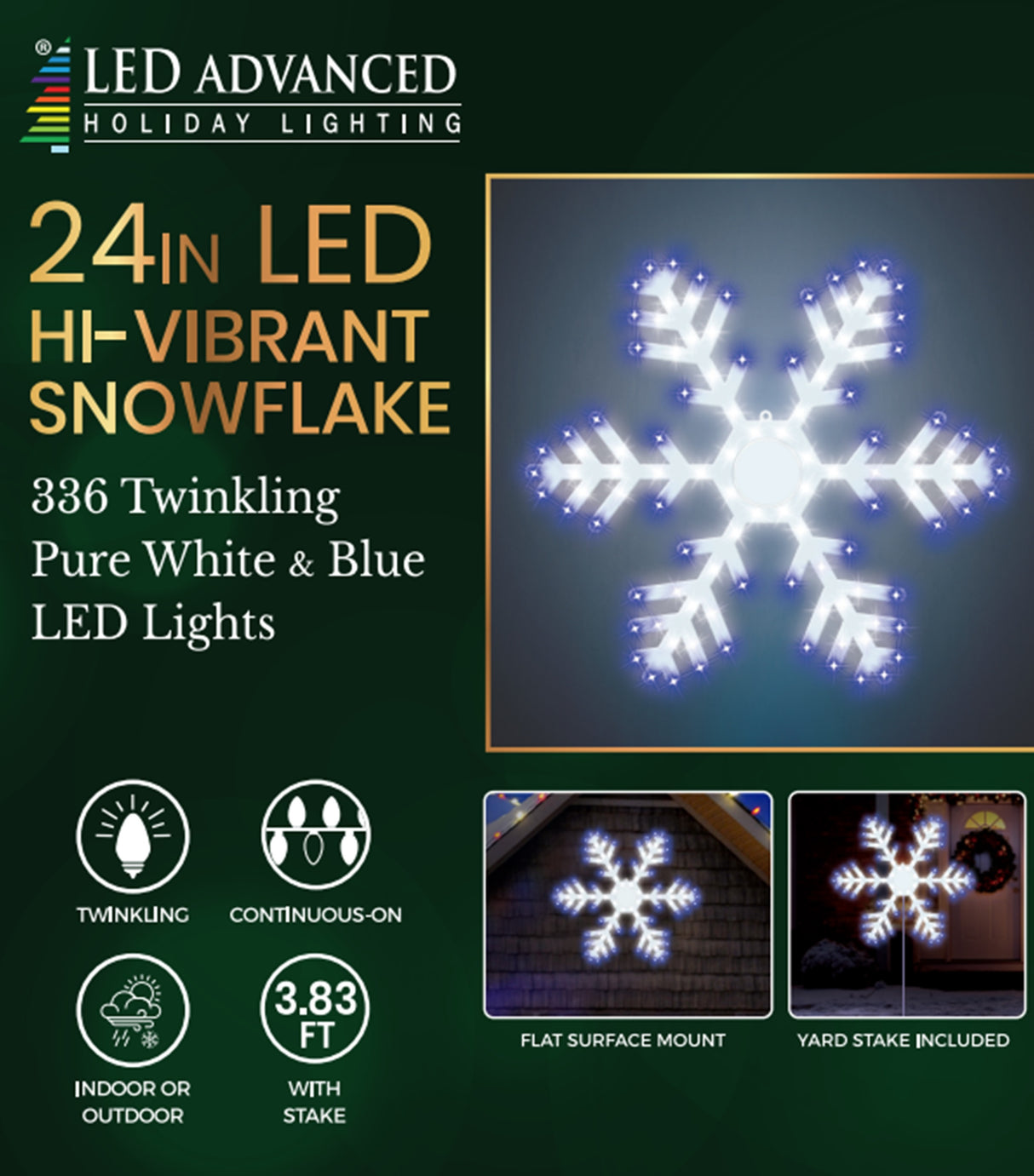 Outdoor LED decoration shaped like a snowflake. It's lit with blue and pure white lights.