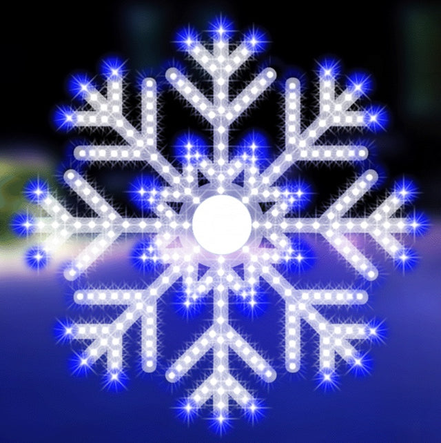 Outdoor LED snowflake decoration. Pre-lit with blue and pure white lights.