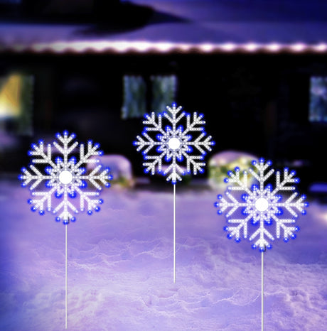 Outdoor LED snowflake decoration. Pre-lit with blue and pure white lights.
