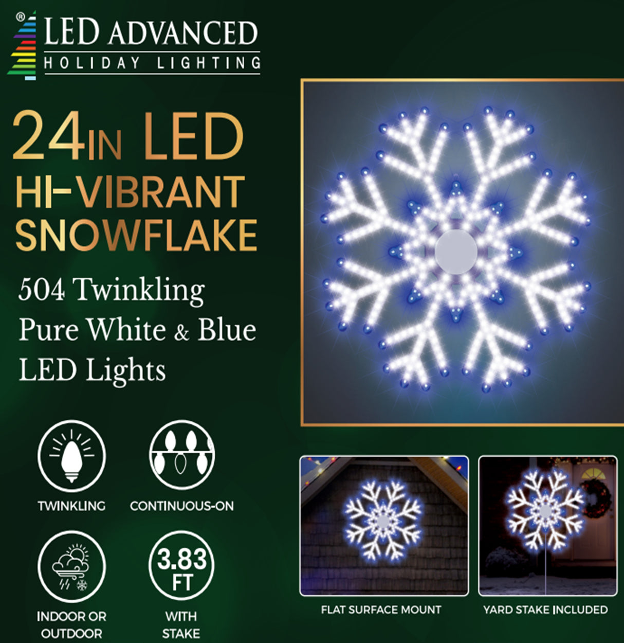 Outdoor LED snowflake decoration. Pre-lit with blue and pure white lights.