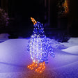 Outdoor LED wire sculpture shaped like a standing penguin. Pre-lit with blue, pure white and orange lights.