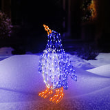 Outdoor LED wire sculpture shaped like a standing penguin. Pre-lit with blue, pure white and orange lights.