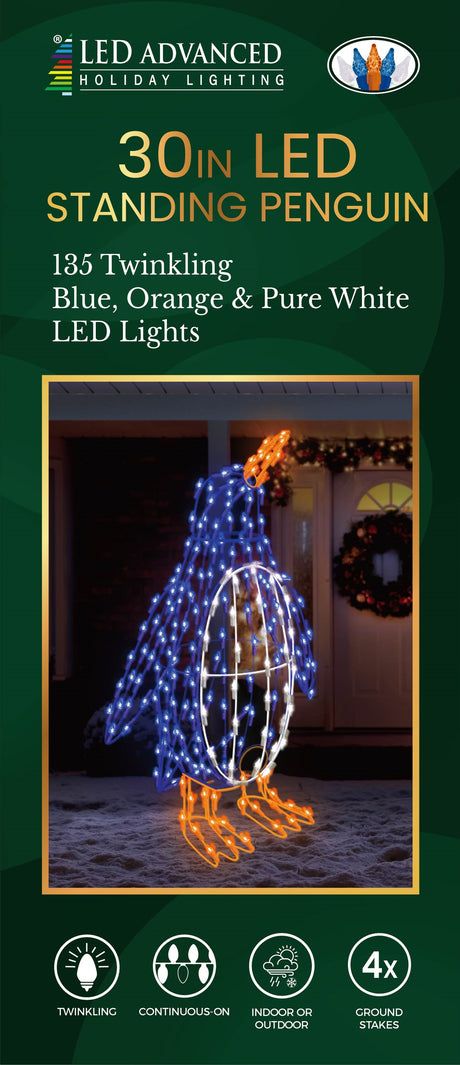 Outdoor LED wire sculpture shaped like a standing penguin. Pre-lit with blue, pure white and orange lights.