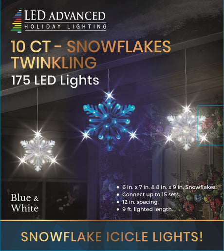 10 count twinkling snowflake icicle LED lights. Blue and Pure White.