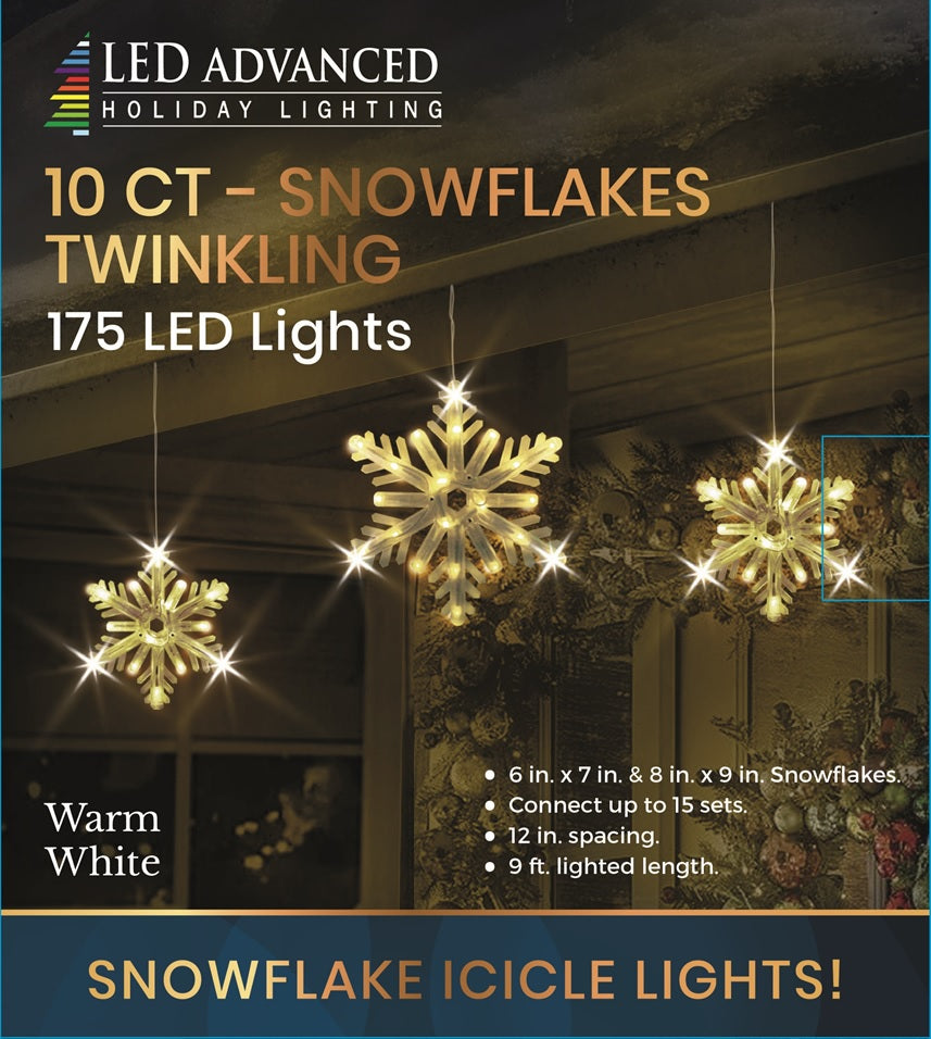 10 count twinkling snowflake icicle LED lights. Warm White.