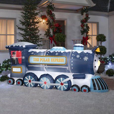 Christmas inflatable shaped like a blue train from the movie The Polar Express. Featuring the classic conductor peering through the window.