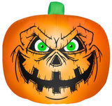 Outdoor Halloween inflatable. Designed to look like a spooky jack-o-lantern with bright green eyes.