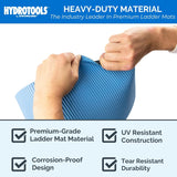 This image shows two hands trying to rip the pool mat. It reads "HydroTools by Swimline. Heavy-Duty Material. The industry leader in premium ladder mats. Premium-grade ladder mat material. UV-resistant construction. Corrosion-proof design. Tear-resistant durability." 