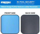 This image shows the front and the back of this ladder mat. It reads "HydroTools by Swimline. In-Pool Security. Innovative non-slip design. Ribbed design further reduces ladder movement."