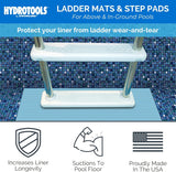 This image shows the mat underneath a ladder. It reads "HydroTools by Swimline. Ladder Mats & Step Pads for Above Ground and In-Ground Pools. Protect your liner from ladder wear-and-tear. Increases liner longevity. Suctions to pool floor. Proudly made in the USA."