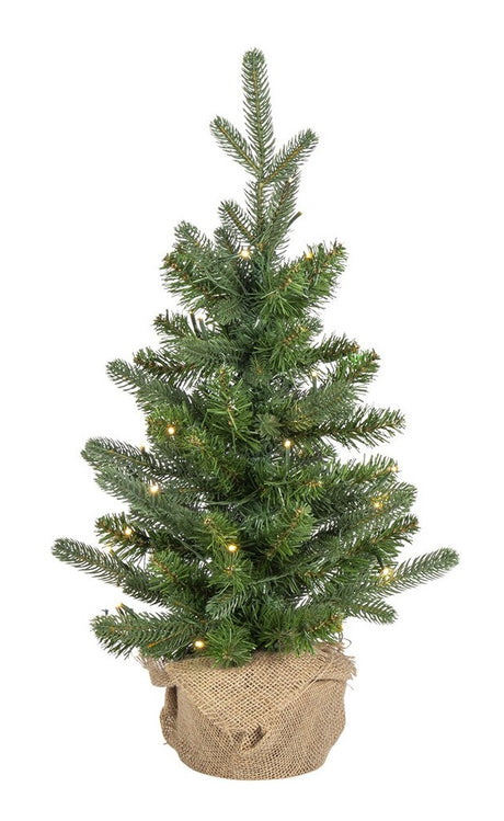 A 2 foot artificial tree with a burlap base. The tree is pre-lit with dual LED lights that change from clear to multi-colored.