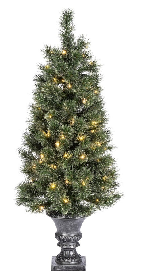Four foot artificial pine tree in a distressed silver/gray pot.