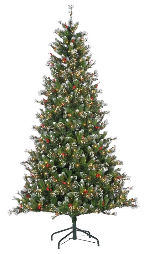 7.5 ft. artificial tree accented with faux snow, red berries and pine cones and pre-lit with dual lights.