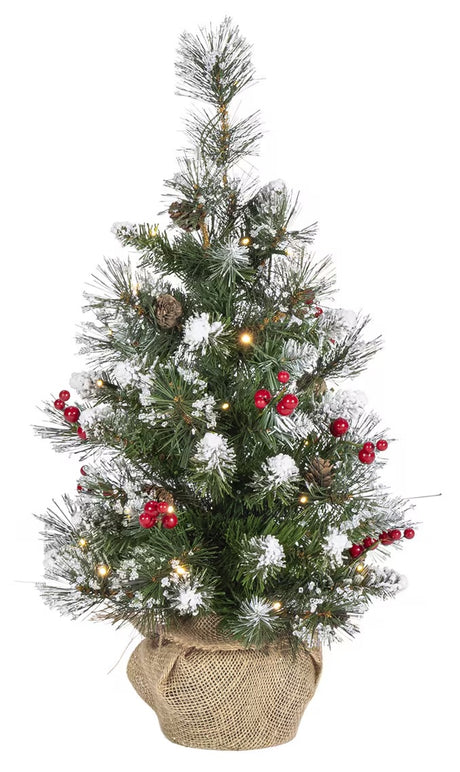 Two foot artificial tree in a burlap base. The branches are covered in fake snow and are accented with red berries and pine cones. The LED lights change from warm white to cool white.
