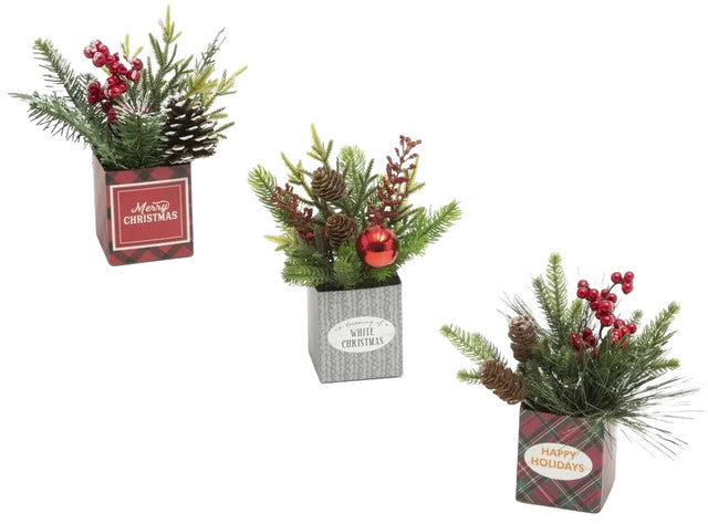 Faux pine and berries with real pine cones in a paper box. One box features red and black buffalo check and reads "Merry Christmas." One box features a white and gray design and reads "I'm Dreaming of a White Christmas." One box features red and green plaid and reads "Happy Holidays."