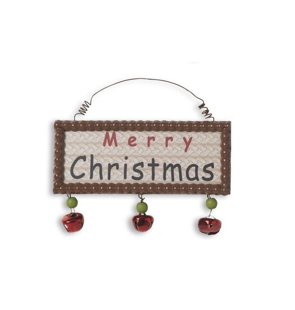 Decorative hanging sign with jingle bells underneath. One sign reads "Dashing Through the Dough." One sign reads "Merry Christmas." One sign reads "Snowmen Melt Your Heart."