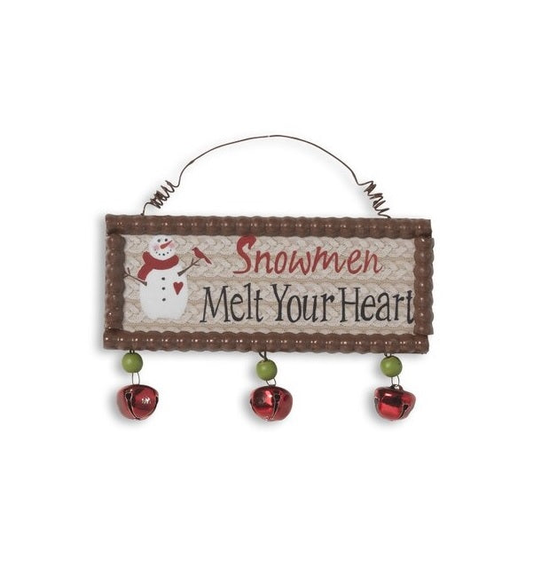 Decorative hanging sign with jingle bells underneath. One sign reads "Dashing Through the Dough." One sign reads "Merry Christmas." One sign reads "Snowmen Melt Your Heart."