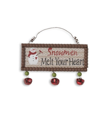 Decorative hanging sign with jingle bells underneath. One sign reads "Dashing Through the Dough." One sign reads "Merry Christmas." One sign reads "Snowmen Melt Your Heart."