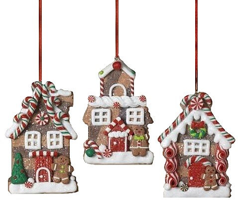 This image shows the three different gingerbread house ornament options on a white background.