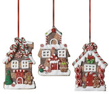 This image shows the three different gingerbread house ornament options on a white background.