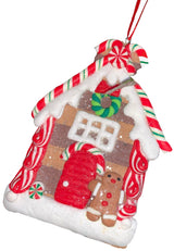 This ornament was designed to look like a gingerbread cookie house covered in sugar. This specific ornament has long red, green and white candy canes on the roof and features a gingerbread man on the right side of the front door.
