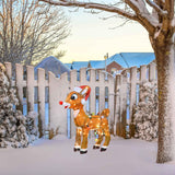 This is a lifestyle image showing the Rudolph wire decoration on a snowy lawn in front of a snowy fence.